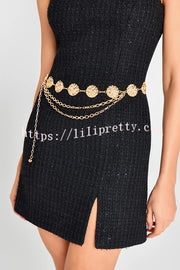 Timeless Exquisite Tweed Fabric Metal Coin Chain Detail Slip Mini Dress