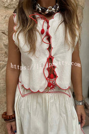Sunny Day Linen Blend Contrast Embroidered Print Scallop Trim Lace-up Top