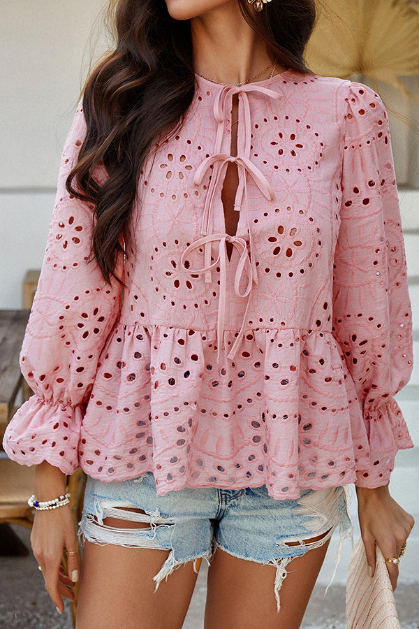 Solid Color Vacation Loose Lace-up Hollow Top