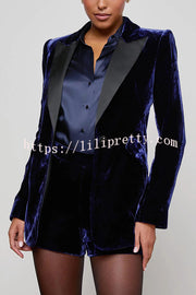 Bold Modern Velvet Contrast Satin Lapel Blazer and High Rise Pocket Shorts Set