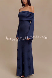 Timeless Sophistication Knit Off Shoulder Rose Detail Stretch Maxi Dress