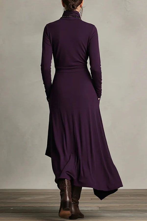 Solid Color High-neck Long-sleeved Irregular Casual Maxi Dress