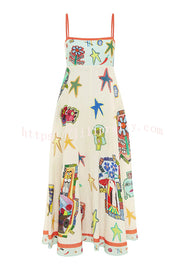 Lilipretty® Miami Happy Hour Linen Blend Unique Print Smocked Back Pocketed Midi Dress