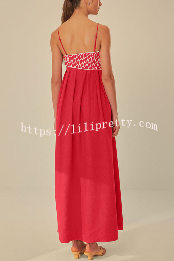 Red Fish Embroidered Sling Backless Maxi Dress