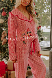 Nutcracker Charm Embroidered Gingham Loose Shirt and Elastic Waist Pajama Set
