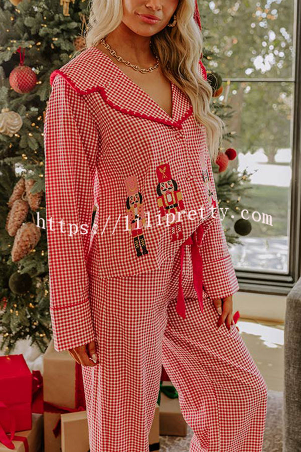 Nutcracker Charm Embroidered Gingham Loose Shirt and Elastic Waist Pajama Set