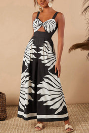 Unique Printed Open Back Pleated Casual Wide-leg Jumpsuit