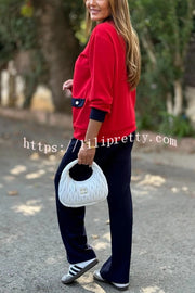 Stylish Color-blocked V-neck Knitted Button-down Cardigan and Elastic Waist Casual Wide-leg Pants Set