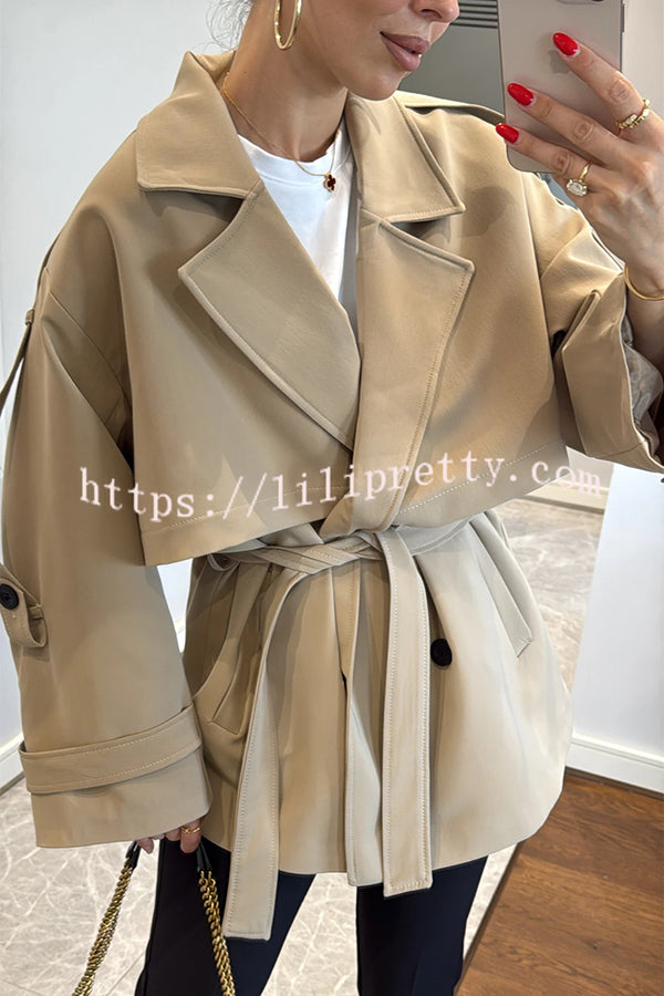 Modern Urban Dropped Shoulder Strap Button Detail Belted Lapel Loose Trench Coat