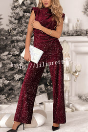 Stylish Sparkly Velvet Sequin Sleeveless Pleated Top and Casual Wide-leg Pants Set