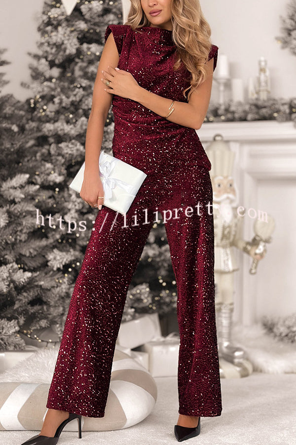 Stylish Sparkly Velvet Sequin Sleeveless Pleated Top and Casual Wide-leg Pants Set