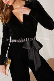 Love One Another Velvet Bow Belted Pocket Cutout Back Loose Jumpsuit