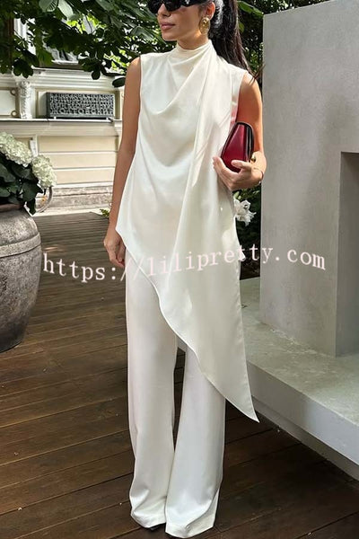 Simply Luxe Satin High Neck Irregular Hem Top and Elastic Waist Flare Loose Pants Set