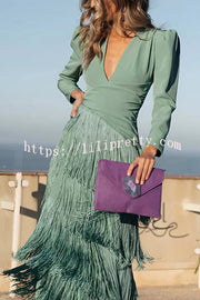 Solid Color V-Neck Long Sleeve Elegant Tassel Maxi Dress