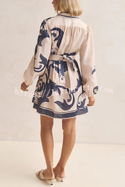 Botanical Print Lapel Puff Sleeve Vintage Belt Loose Mini Dress