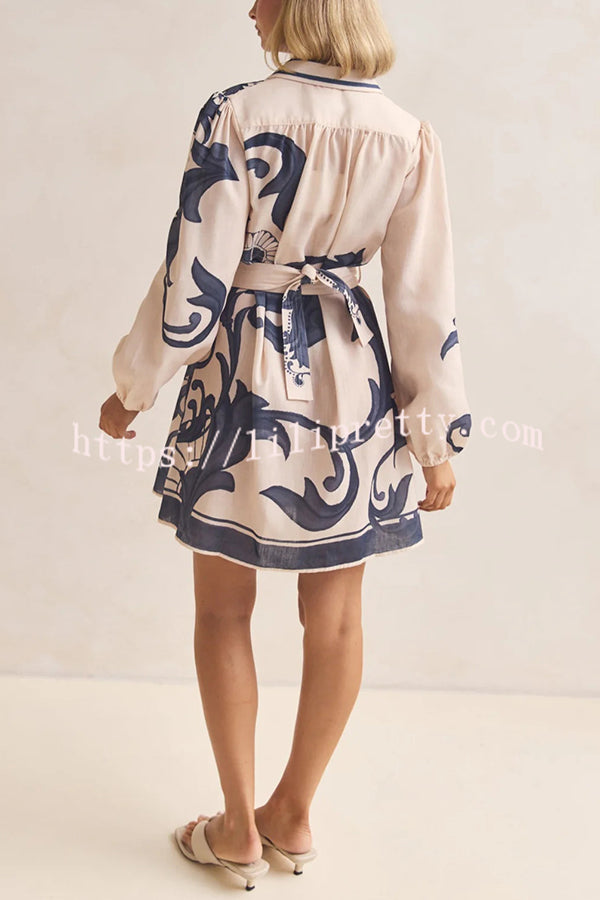 Botanical Print Lapel Puff Sleeve Vintage Belt Loose Mini Dress