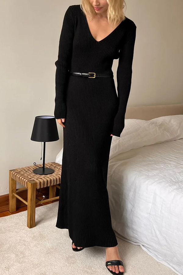 Solid Color V-neck Long-sleeved Slim-fit Elegant Knit Maxi Dress