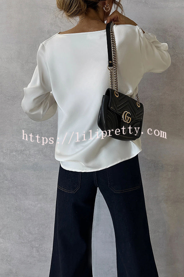 Lilipretty Simple and Beautiful Satin Cowl Drape Neck Long Sleeved Shirt