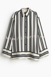 Lifetime of Happiness Striped Long Sleeve Loose Shirt and Elastic Waist Pocket Pants Set