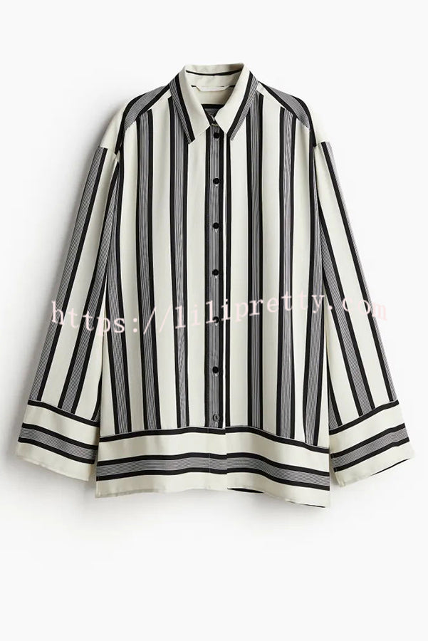 Lifetime of Happiness Striped Long Sleeve Loose Shirt and Elastic Waist Pocket Pants Set