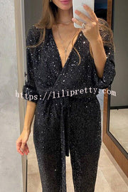 Cheers To You Sequin Long Sleeve Belted Wrap Loose Jumpsuit