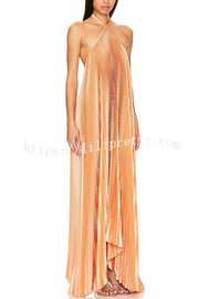 Luxurious Atmosphere Satin Halter Neck Backless A-line Gown Maxi Dress