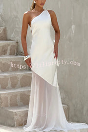 Fable Satin One Shoulder Back Adjustable Straps Contrast Chiffon Hem Maxi Dress