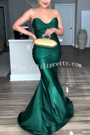 Royal & Truly Elegant Satin Off Shoulder Ruched Fishtail Maxi Dress