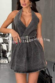 Fashionable Halterneck Open-back Belted Denim Mini Dress