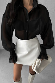 Fashion Lapel Long Sleeve Ruffled See-through Casual Shirt
