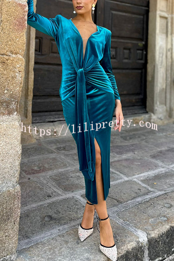 Elisabeth Luxurious Velvet Padded Shoulders Long Sleeve Twist Waist Drape Midi Dress