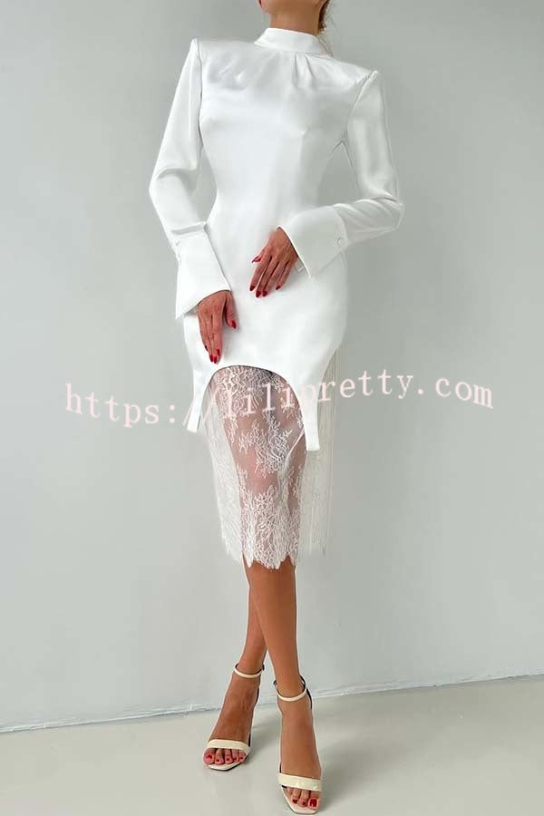 Melissa Satin High Neck Long Sleeve Curved Hem Top and Lace Midi Skirt Set