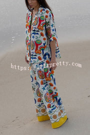 Linen Blend Unique Print Loose Short Sleeve Shirt and Elastic Waist Tie Pocket Pants Set