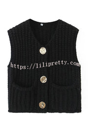 Solid Color Sleeveless Pocket Knitted Vest