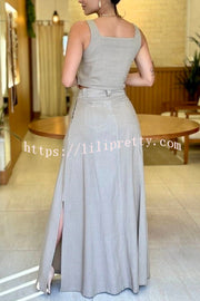 Lilipretty® Athena Linen Blend Square Neck Tank and High Rise Pocketed Slit Skirt Set