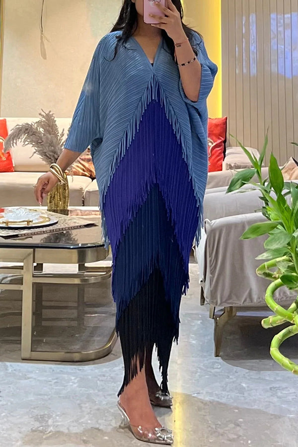 Fashionable Color-blocked Multi-layered Tassel Loose Midi Dress