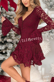 Spake To Me Lace Ruffles Button Up Long Bell Sleeve Asymmetrical Hem Stretch Romper