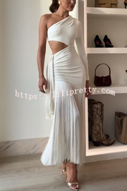 Amazing Type One Shoulder Cutout Drape Tassle Trim Stretch Maxi Dress