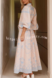Linen Blend Lapel Puff Sleeve Casual Waist Belted Maxi Dress