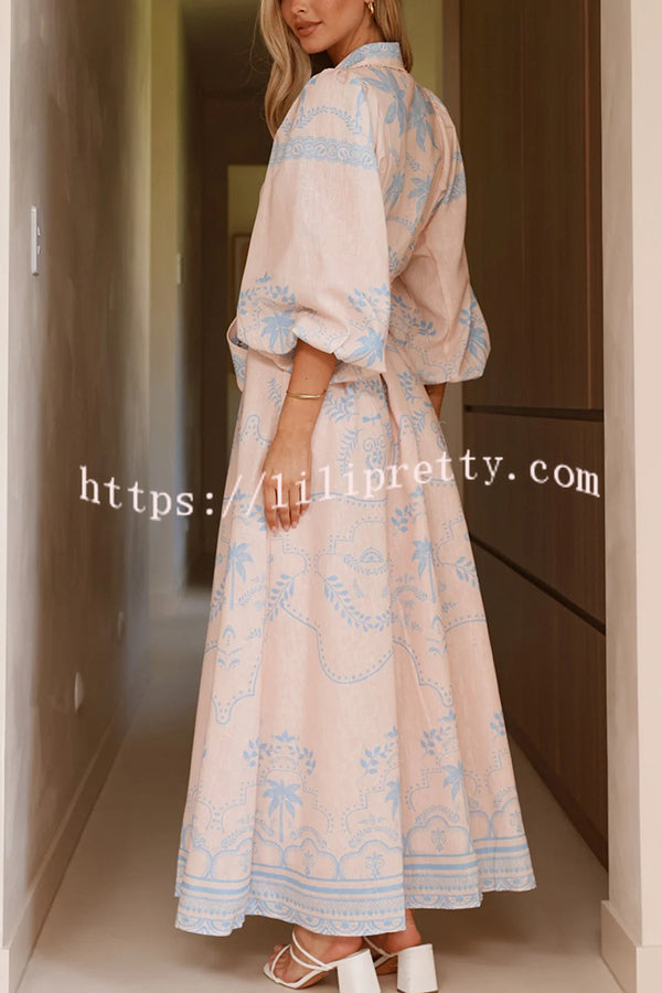 Linen Blend Lapel Puff Sleeve Casual Waist Belted Maxi Dress