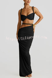 Sexy Halter Back Braided Suspender Top and Beach Holiday Style Hip-wrapped Maxi Skirt Set