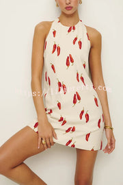 Lilipretty® Spicy Summer Chili Pepper Unique Print Soft Fabric Halter Loose Mini Dress