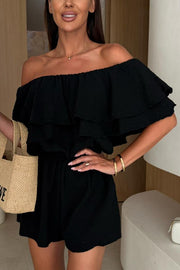 Solid Color Off-shoulder Ruffled Casual Waist Rompers