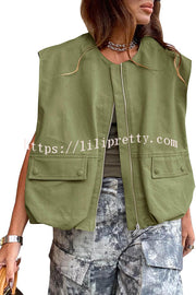 Fashion Zipper Sleeveless Pocket Loose Vest Jacket
