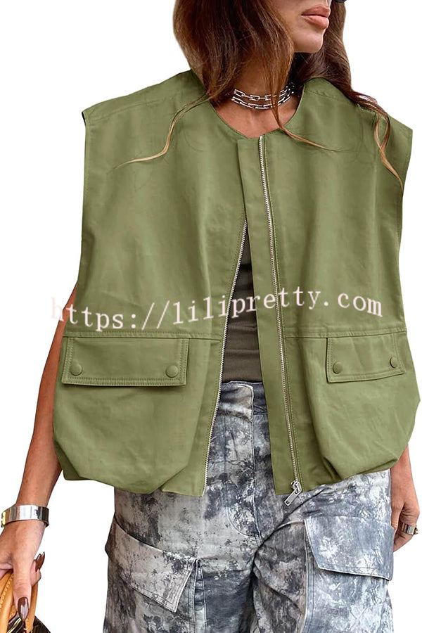 Fashion Zipper Sleeveless Pocket Loose Vest Jacket