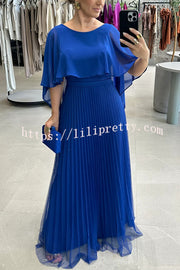 Ready for Holiday Cape Sleeve Tie-up Pleated Maxi Dress