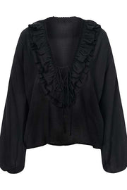 Ashlyne Tiered Ruffle Neckline Tie-up Balloon Sleeve Loose Blouse
