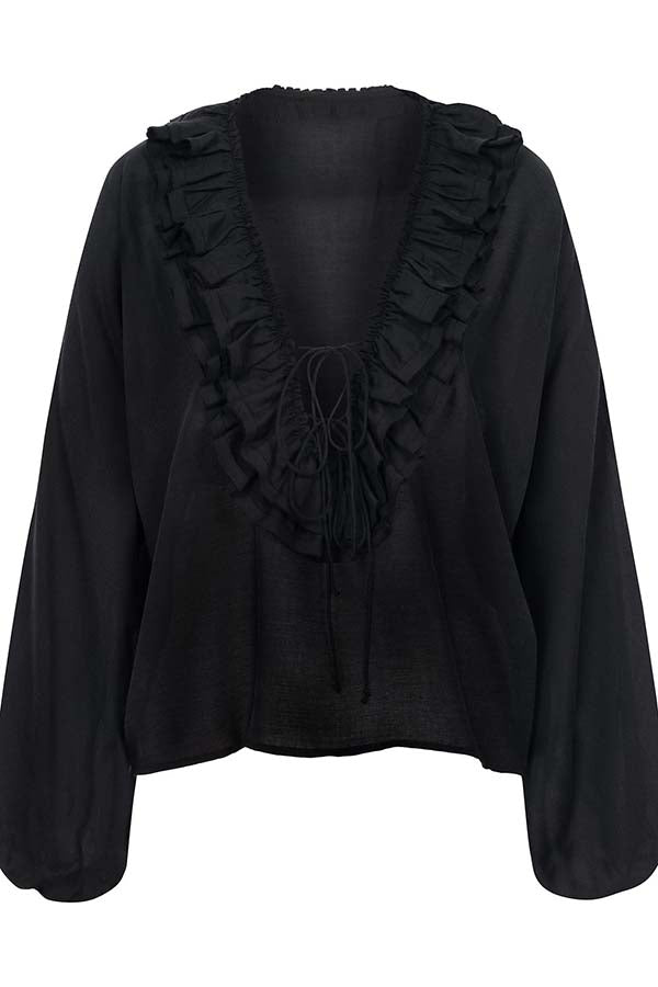 Ashlyne Tiered Ruffle Neckline Tie-up Balloon Sleeve Loose Blouse