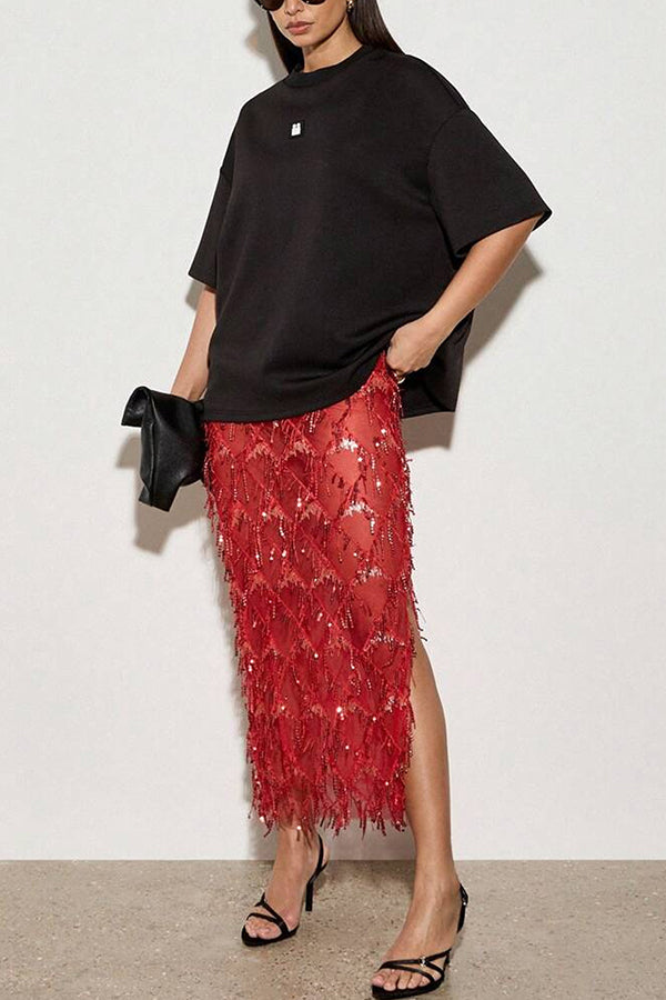 Sexy See-through Sequined Tassel Midi Skirt