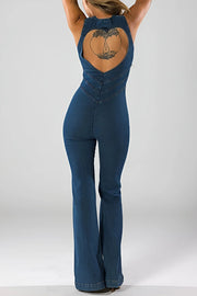 Fashionable Heart Hollow Back Slim High Waist Flared Denim Jumpsuit